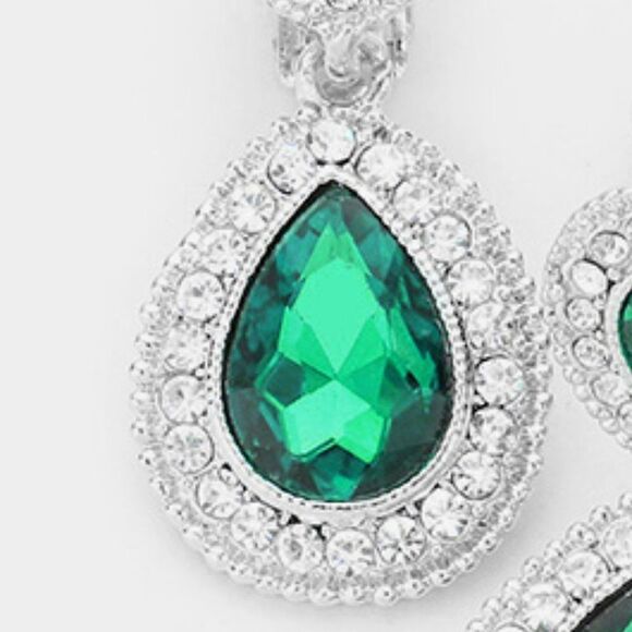 Emerald Green Crystal Pave Trim Teardrop Clip on Earrings - Picture 3 of 6